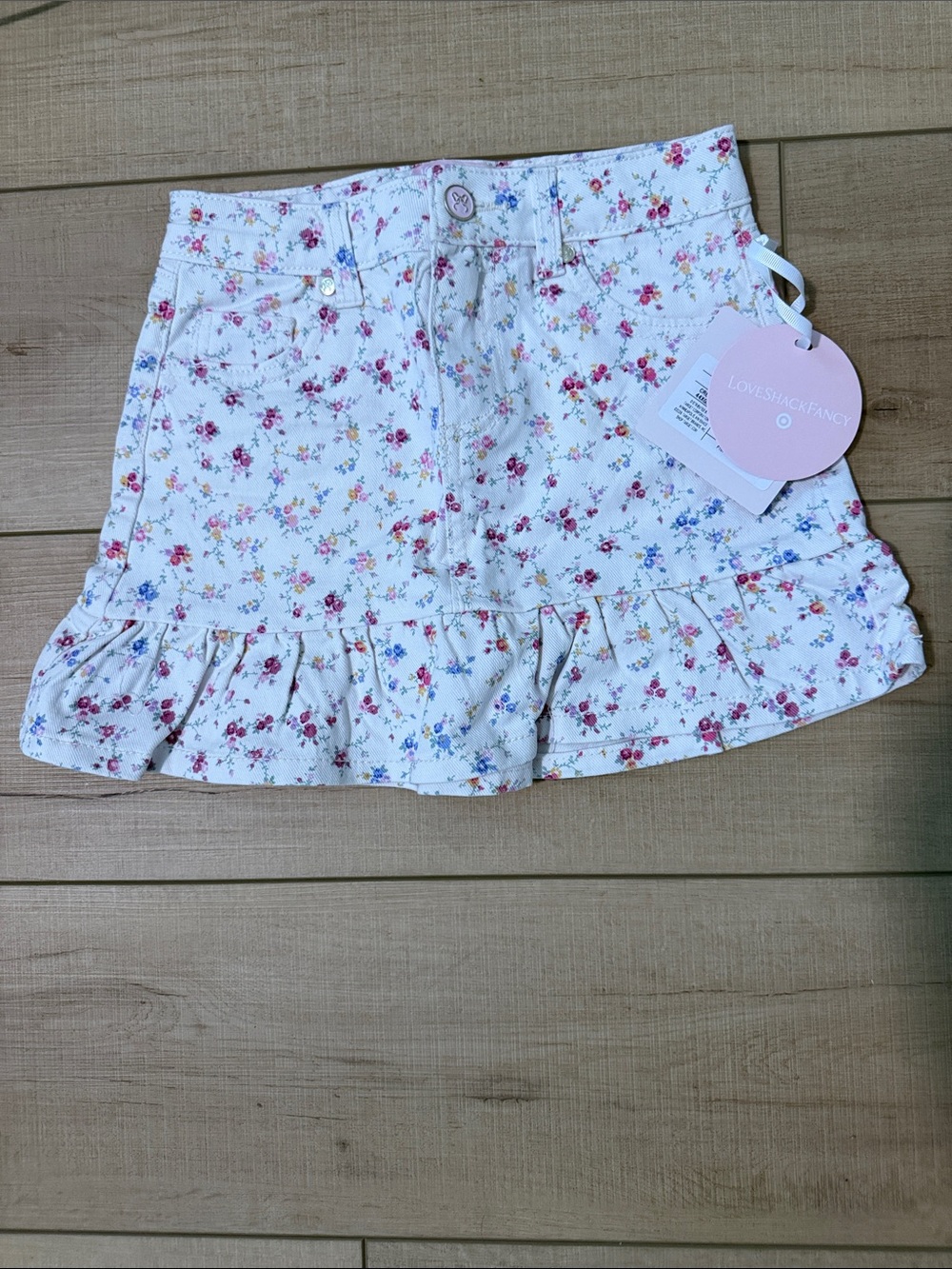 White Jean Ruffle Skirt with Floral Pattern